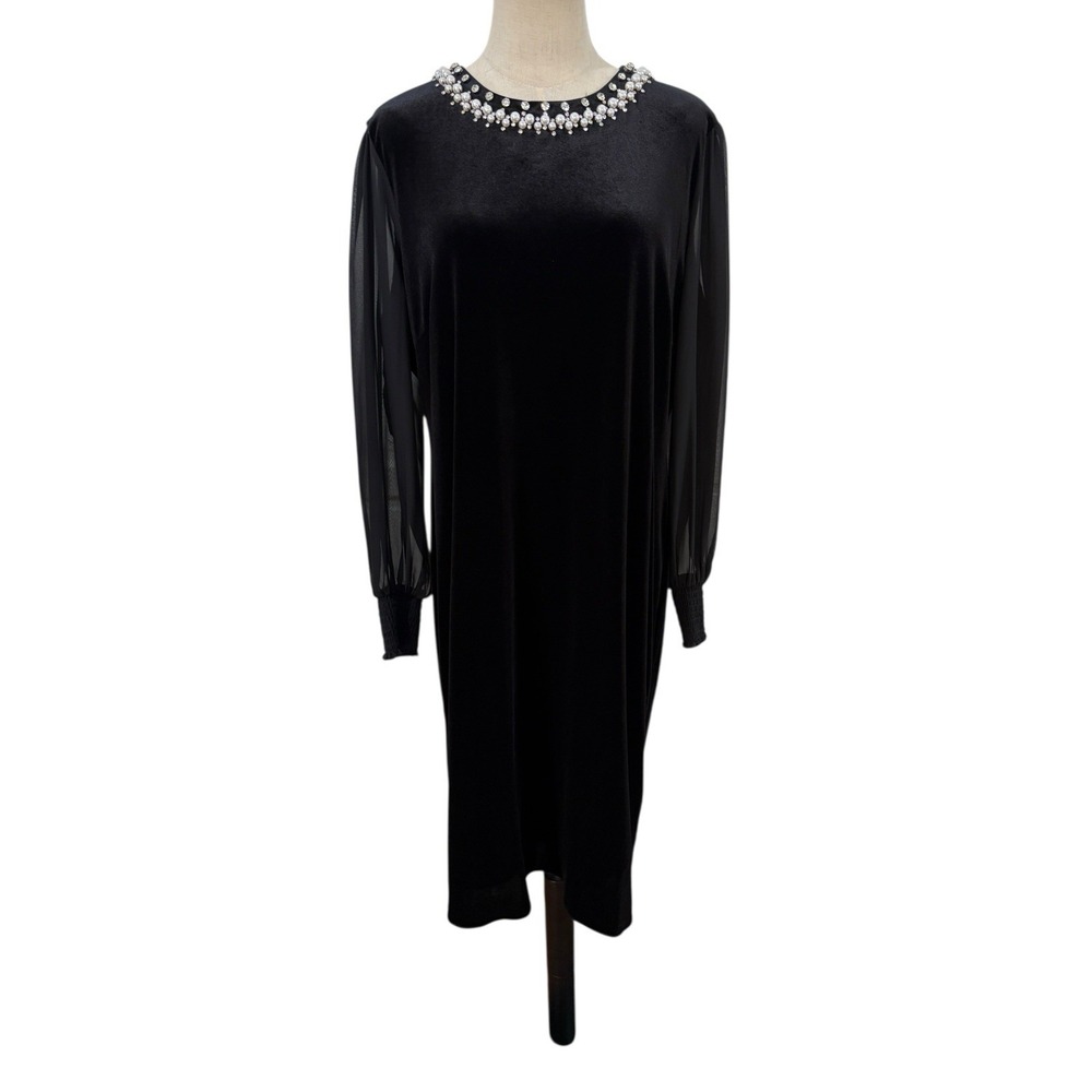 Tahari Arthur Levine Dress Black Velvet Sheath Chiffon Sheer Sleeves Sz XL